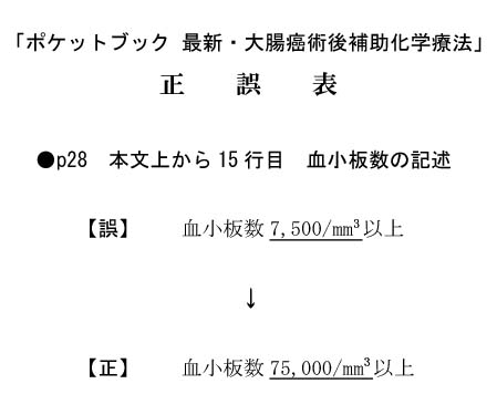 ポケットブック 最新・大腸癌術後補助化学療法 正誤表